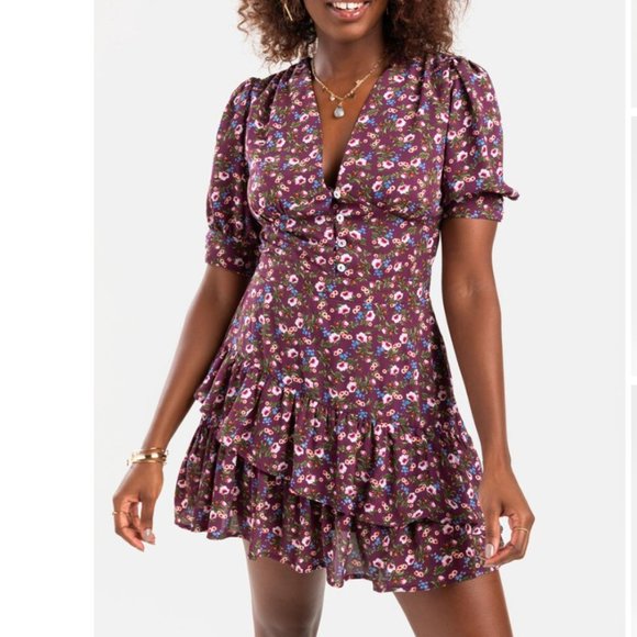 NWT! Francesca's Purple Floral Tee Ruffle Mini Dress! - Picture 3 of 4